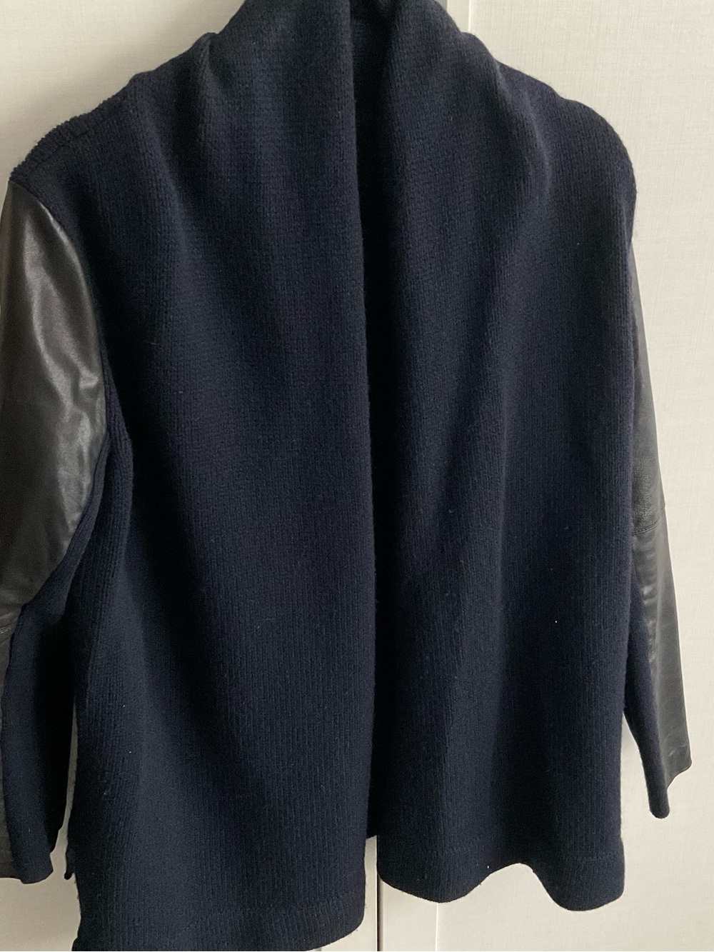 Vince Navy Knit Cardigan with Black Leather Sleeves